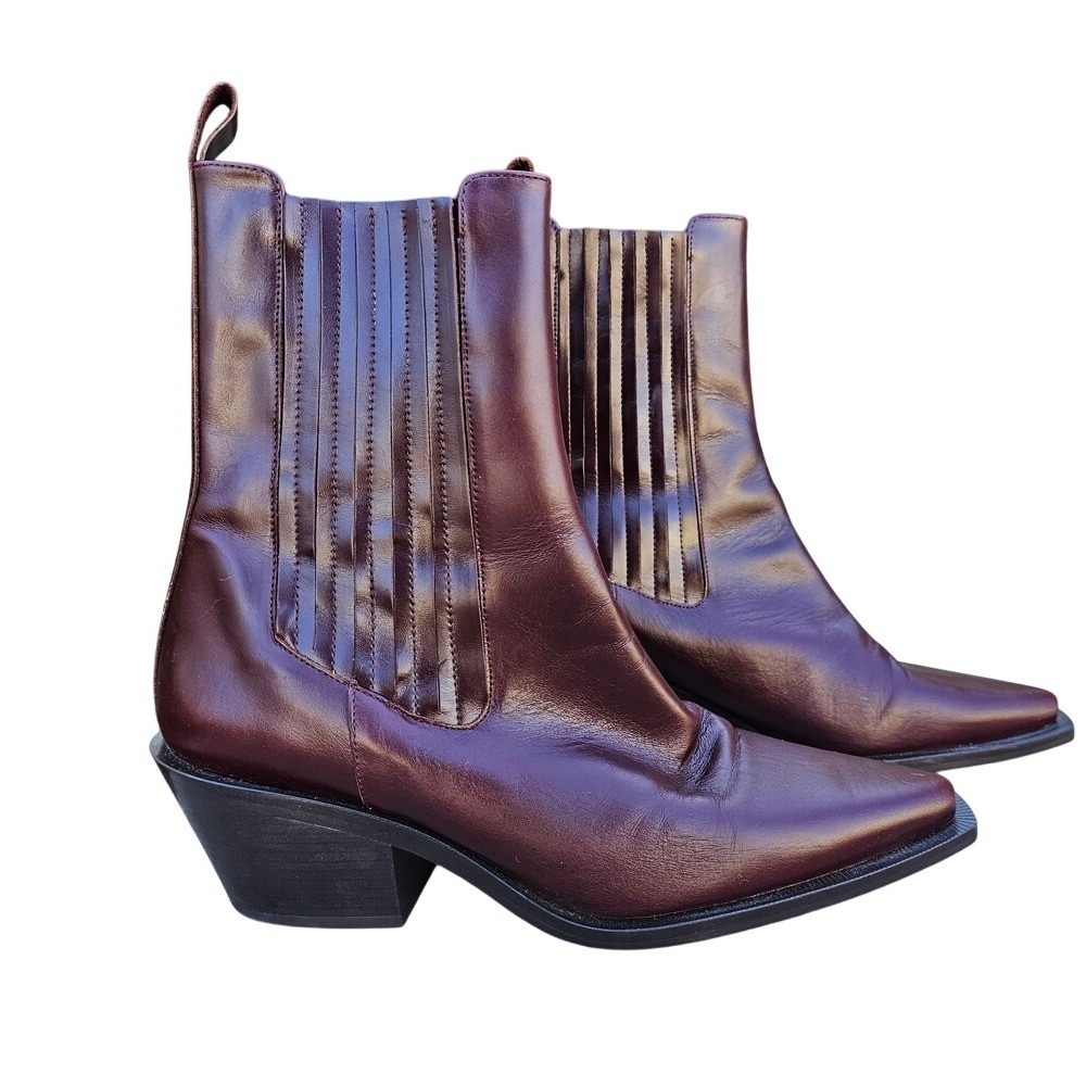 Zara Women Leather Ankle Boots EU 42 US 11 Burgundy Pointed Toe Modern Chelsea ~